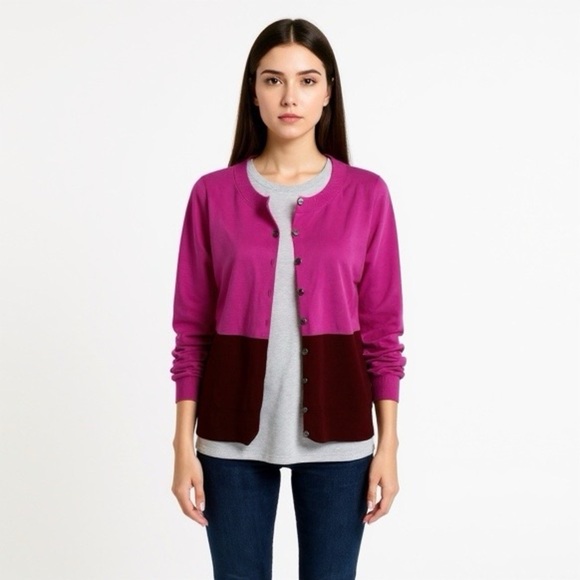 J CREW Color Block Pink and Maroon Merino Wool Cardigan Sz M - Picture 1 of 4
